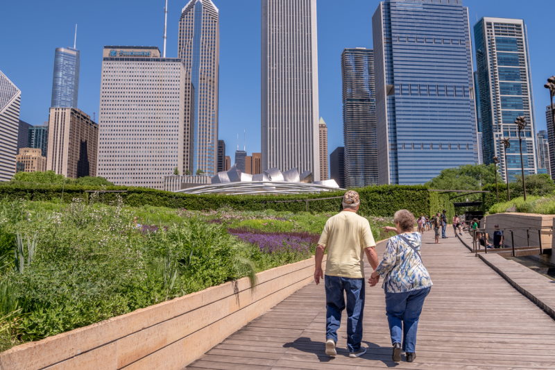 Two Seniors Walking In Downtown Chicago